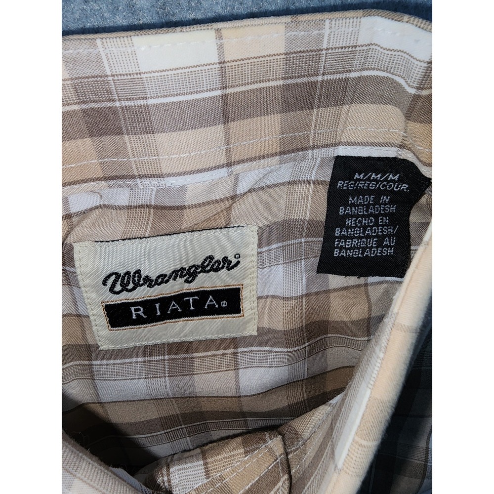 Wrangler Men's Western Dress Shirt, Size M, Tan Plaid, Button Down, Long Sleeve - Picture 3 of 6